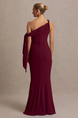 Orielle Burgundy Asymmetric Neck Maternity Maxi Dress With Knot Sleeve And Sash