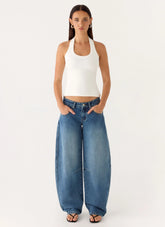 Stevie Low Rise Barrel Leg Denim Jeans Mid Wash Blue