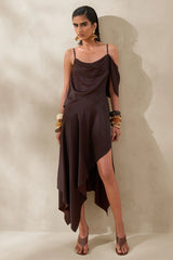 Helira Brown Asymmetric Midi Dress With Draping Detailing and Open Back