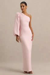 Kellis Pink Asymmetric Maxi Dress With Balloon Sleeve