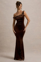 Neeka Brown Velvet Twisted Asymmetric Maxi Dress