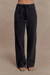 Perrie Mid Rise Straight Leg Tie Jeans Washed Black