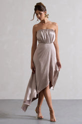 Willa Taupe Satin Bandeau Maxi Dress With Asymmetric Hem