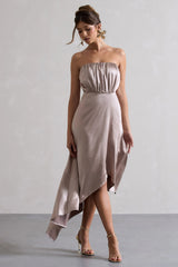 Willa Taupe Satin Bandeau Maxi Dress With Asymmetric Hem