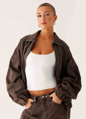 Midwest Washed Denim Bomber Jacket Light Wash Chocolate