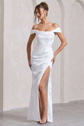 Kimberly White Bardot Satin Maxi Dress