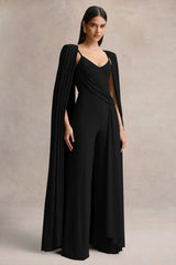 Labina Black Plunge Neck Jumpsuit With Cape Sleeves