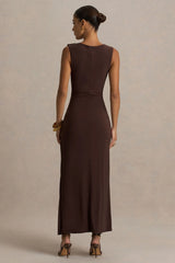 Fiora Brown Wide Neck Maxi Dress With Gathered Detail