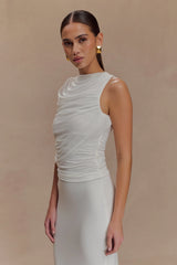 Pruedance Slinky Draped Top With Mesh Overlay White