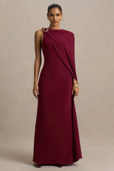 Cressida Burgundy Asymmetric Neck Maxi Dress With Cape And Gold Detail