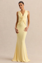 Holly Lemon Plunge Neck Maxi Dress With Twist Detail
