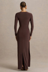 Virelle Brown Boat Neck Maxi Dress With Wrap Detail And Sash