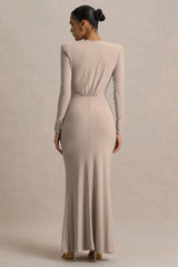 Flashy Champagne Plunge Neck Maxi Dress With Ruched Detailing
