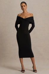 Spark Black Bardot Neck Midi Dress With Bow Detail