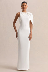 Quira White Asymmetric Neck Maxi Dress With Cape Sleeve