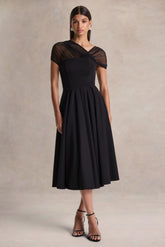 Rosette Black Asymmetric Neck Midi Dress