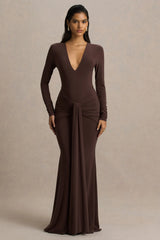 Saffie Chocolate Extreme Plunge Wrap Maxi Dress With Long Sleeves And Ruched Detailing