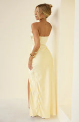 Sasha Yellow Ruched Twist Satin Maxi Dress PRE ORDER