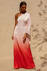 Jayla Red Ombre Satin Asymmetric Maxi Dress With Long Sleeve