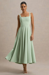 Parina Light Green Strappy Volume Hem Midi Dress