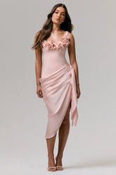 Letitia Pale Pink Square Neck Floral Detailed Wrap Midi Dress
