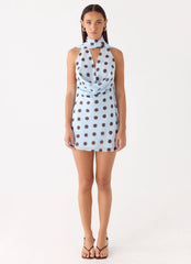 Get Me Halter Mini Dress Blue Mocha Dot