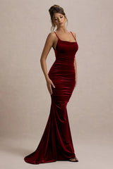 Adele Berry Velvet Ruched Strappy Fishtail Maxi Dress