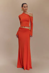 Ainsley Asymmetrical Maxi Skirt With Floral Hardware Burnt Orange