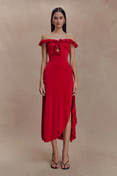 Allegra Off Shoulder Ruffle Midi Dress Ruby