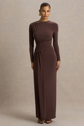 Virelle Brown Boat Neck Maxi Dress With Wrap Detail And Sash