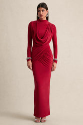 Karinthia Red High Neck Maxi Dress With Draped Detailing