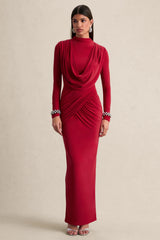 Karinthia Red High Neck Maxi Dress With Draped Detailing