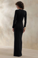 Desirelle Black Crew Neck Maxi Dress With Gathered Detailing