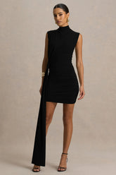 Sorenna Black High Neck Mini Dress With Wrap And Sash Detail