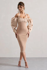 Couture Client Champagne Halter Neck Puff Sleeve Midi Dress