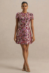 Eira Pink Floral Embellished Sequin Crew Neck Mini Dress