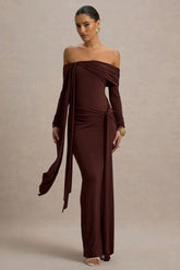 Jovie Brown Bardot Wrap Maxi Dress With Sash Detail