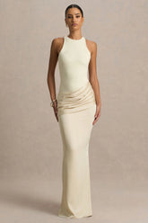 Akari Cream Crew Neck Maxi Dress With Satin Skirt