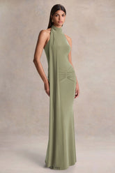 Hyla Green High Neck Maxi Dress With Sash Detail