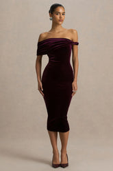 Billie Burgundy Velvet Bardot Neck Midi Dress With Twist Sleeve