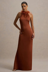 Bianca Rust Satin Feather Trim Maxi Dress
