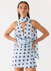 Get Me Halter Mini Dress Blue Mocha Dot