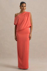 Ronnie Coral Satin Asymmetric Neck Maxi Dress With Draping Detail