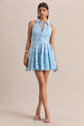 Milly Powder Blue Lace Halter Neck Mini Dress