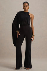 Asra Black High Neck Flared Leg Jumpsuit With Cape Sleeve