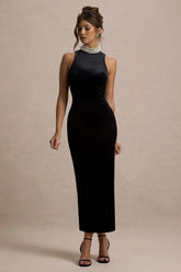 Audrine Black Velvet Embellished High Neck Maxi Dress
