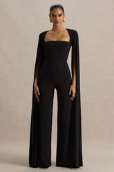 Zara Black Square Neck Jumpsuit With Cape Sleeves