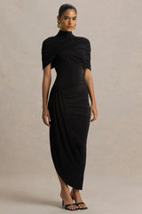 Enchant Black Asymmetric Twisted Cape Midi Dress