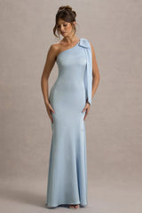 Here For Love Powder Blue Satin Asymmetric Maxi Dress With Bow