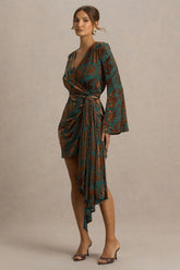 Dimitra Dark Green And Brown Velvet Devore Plunge Neck Wrap Mini Dress